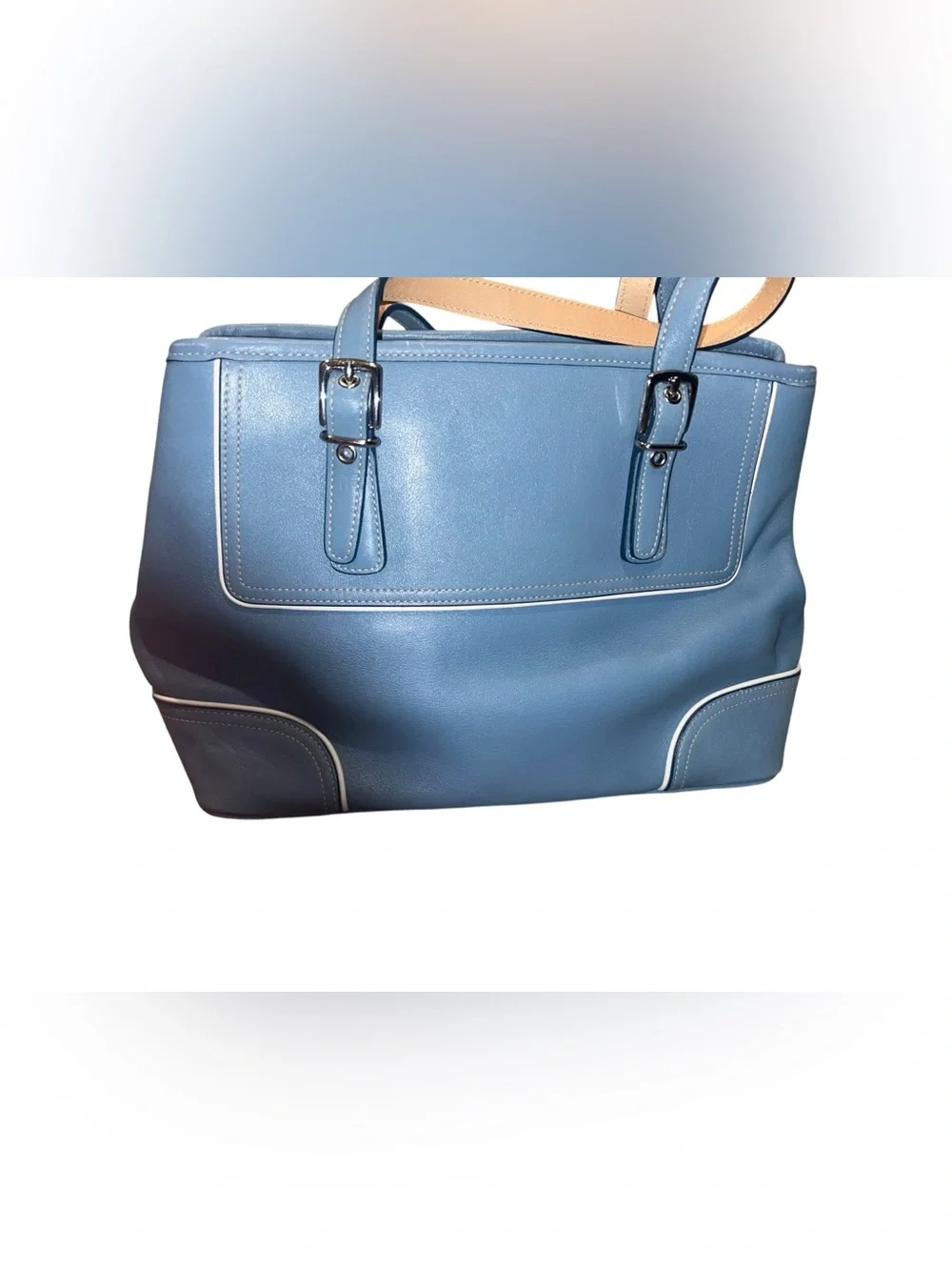 Coach Hampton Blue Leather Tote with Cream Trim with COA